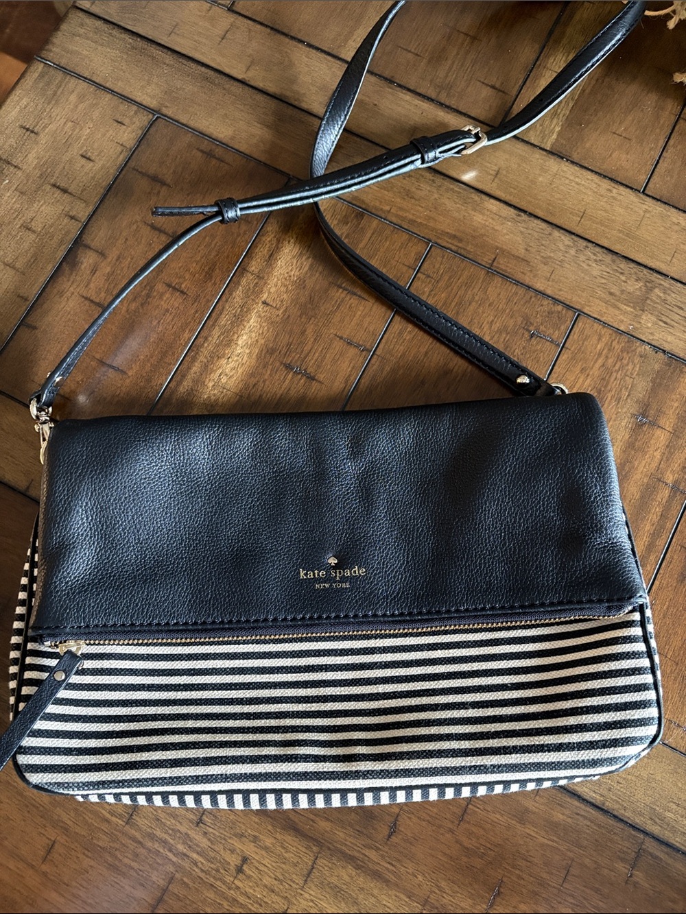 kate spade Black Leather and Black‑White Stripe Crossbody Bag